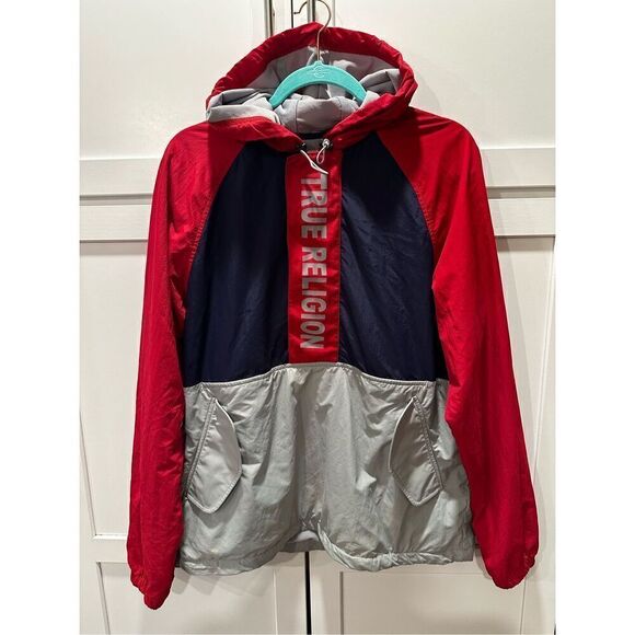 True Religion Color Block 1/2 Zip Windbreaker Red Gray Navy Men’s Sz L